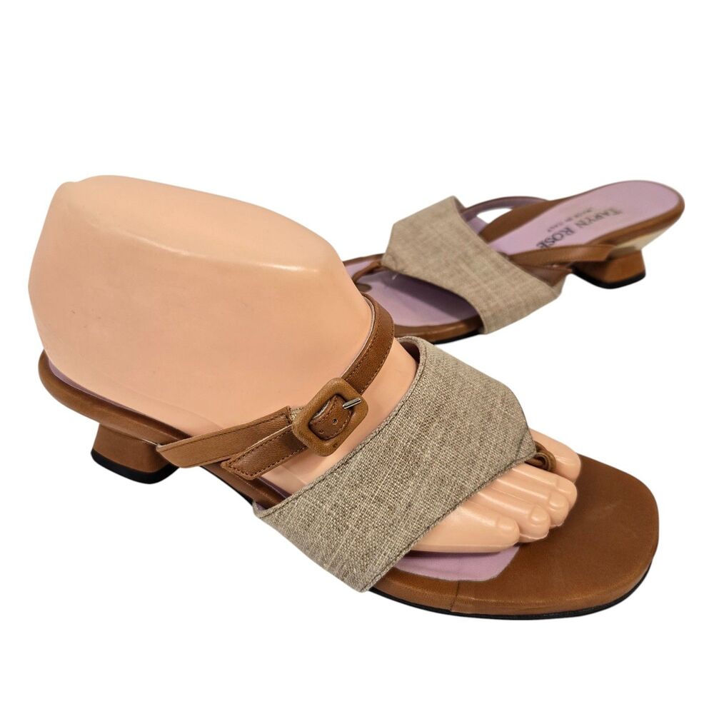 Taryn Rose Mules sandals size 40/9.5 Brown Leather + Jute‎ Gold Heel Accent
